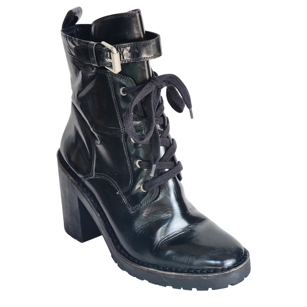 AllSaints Cacey Black Leather Buckle Lace Up Block Heel Combat Boots Size 40 9.5